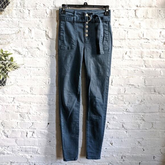 American Eagle Outfitters Denim - Y2K Minimalist High Waist Denim Dark Academia Super Stretch Belted Button Jeans
